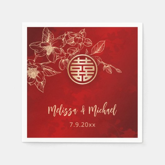 マグノリア レッド ゴールド 中国式結婚式 スタンダードカクテルナプキン (正面)