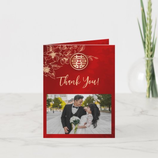 マグノリア 赤 金 写真 中国 結婚式 サンキューカード (正面)