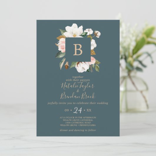 マグノリエレガントア |ティール(緑がかった色)とホワイトオールインワン結婚ズ 招待状 (スタンド正面)