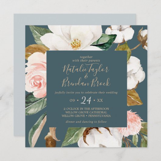 マグノリエレガントア |ティール(緑がかった色)とホワイトスクエア結婚ズ 招待状 (正面/裏面)