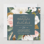 マグノリエレガントア |ティール(緑がかった色)とホワイトスクエア結婚ズ 招待状 (正面)