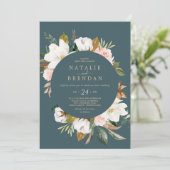 マグノリエレガントア |ティール(緑がかった色)と白カジュアル結婚色 招待状 (スタンド正面)