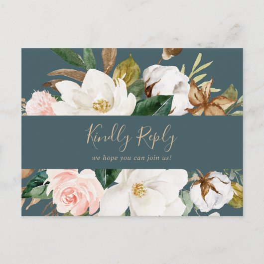 マグノリエレガントア |ティール（緑がかった色）メニュー選択RSVPポストカード インビテーションポストカード (正面)