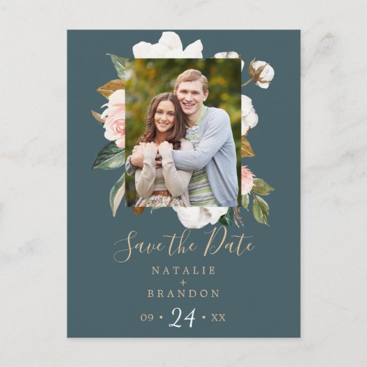 マグノリエレガントア |ティール（緑がかった色）写真の日付を保存 インビテーションポストカード (正面)