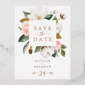 マグノリエレガントア |バラゴールドフォイル日付を保存 箔招待状ポストカード (正面)