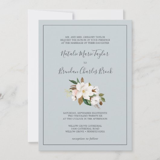 マグノリエレガントア |ブルーグレイフォーマル結婚ズ 招待状 (正面)