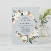 マグノリエレガントア |日付の付いた青結婚灰色 招待状 (スタンド正面)