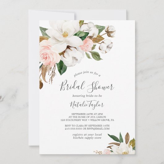 マグノリエレガントア |白と赤面のブライダルシャワー 招待状 (正面)