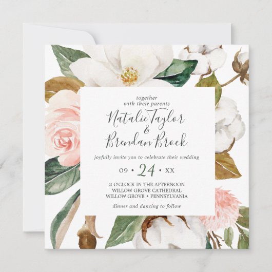 マグノリエレガントア |白と赤面スクエア結婚ズ 招待状 (正面)