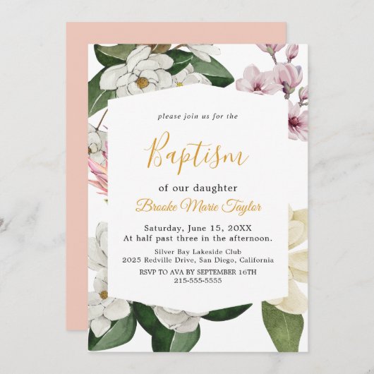 マグノリエレガントア |白と赤面バプテスマ 招待状 (正面/裏面)