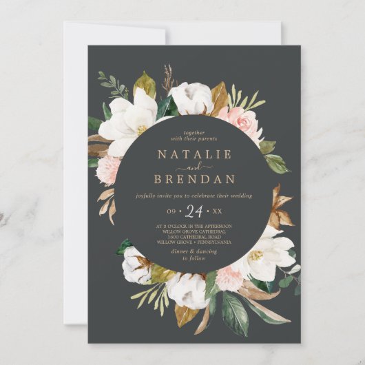 マグノリエレガントア |白黒カジュアル結婚の 招待状 (正面)