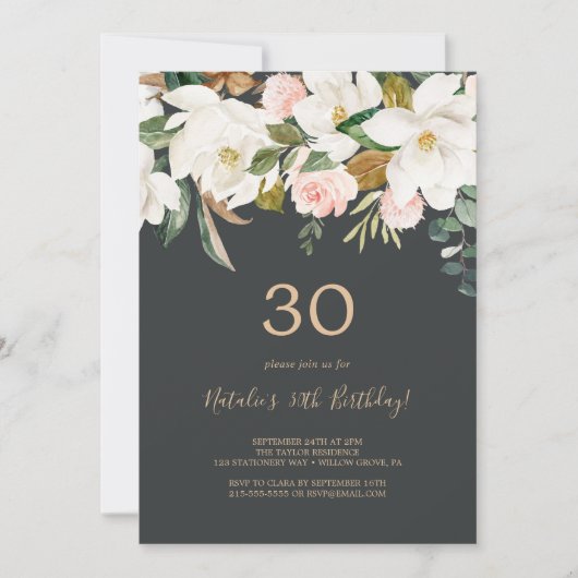 マグノリエレガントア |白黒誕生日30日 招待状 (正面)