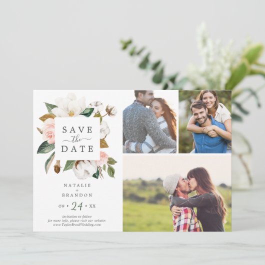 マグノリエレガントア |白3枚のフォトコラージュ セーブザデート (スタンド正面)