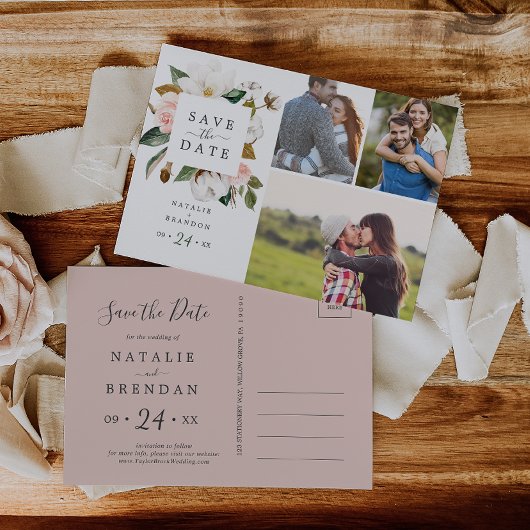 マグノリエレガントア |白3枚の写真の日付を保存 インビテーションポストカード