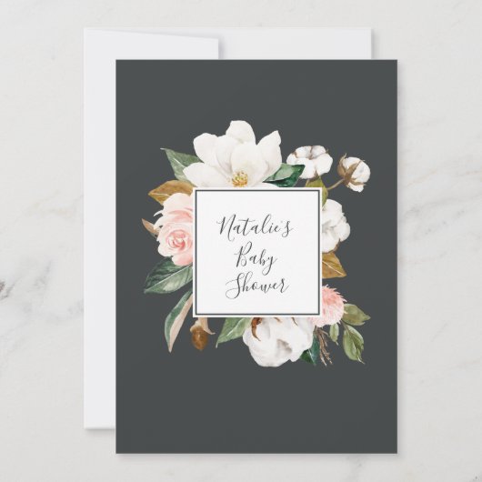 マグノリエレガントア |青い灰色の赤ちゃんシャワー 招待状 (裏面)