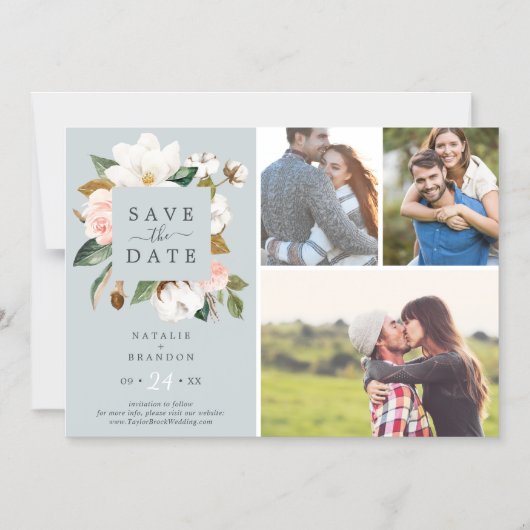 マグノリエレガントア |青い灰色3写真の日付を保存 マグネット招待状 (正面)