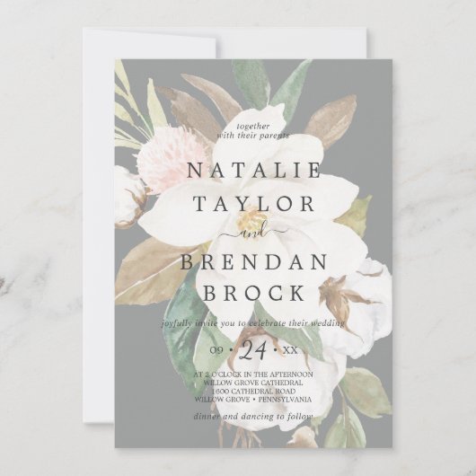 マグノリエレガントア |黒い色あせたフローラ結婚ズ 招待状 (正面)