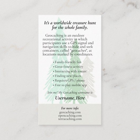 マグルの情報を含むGeocaching Trail Cardに移動 名刺 (裏面)