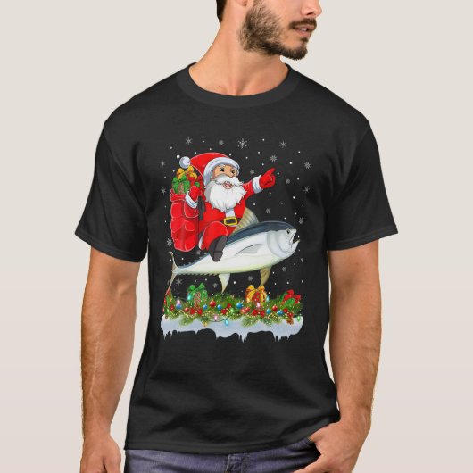 マグロおもしろいの魚好きサンタ乗馬マグロのクリスマス Tシャツ (正面)