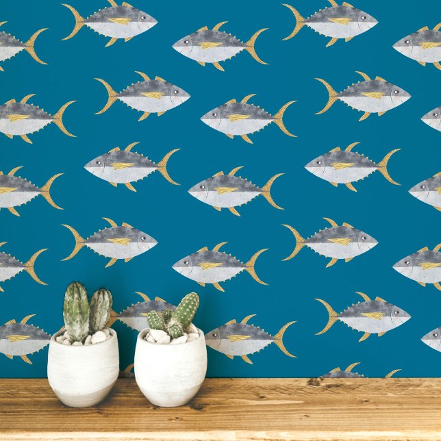マグロのネイティブルーテールグリーンアート 壁紙 (Fun tuna fish teal green nautical coastal fisherman wallpaper by Nic Squirrell)