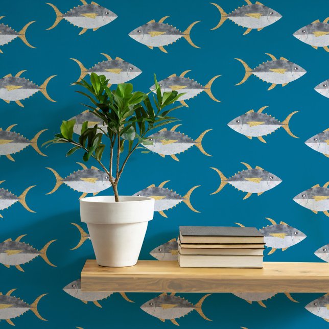 マグロ魚航海のティール（緑がかった色）グリーンアート 壁紙 (Fun tuna fish teal green nautical coastal fisherman wallpaper by Nic Squirrell)