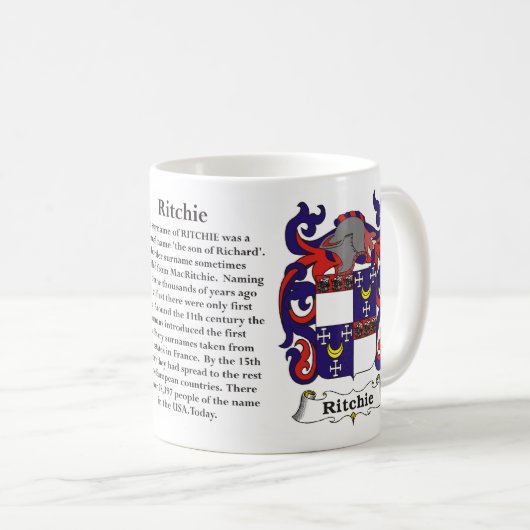 マグRitchie家族の紋章付き外衣 コーヒーマグカップ (正面右)