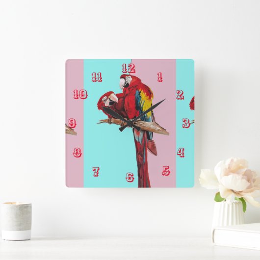 マコーウォーターカラーオウム鳥の子供の部屋時計 スクエア壁時計 (ホーム)