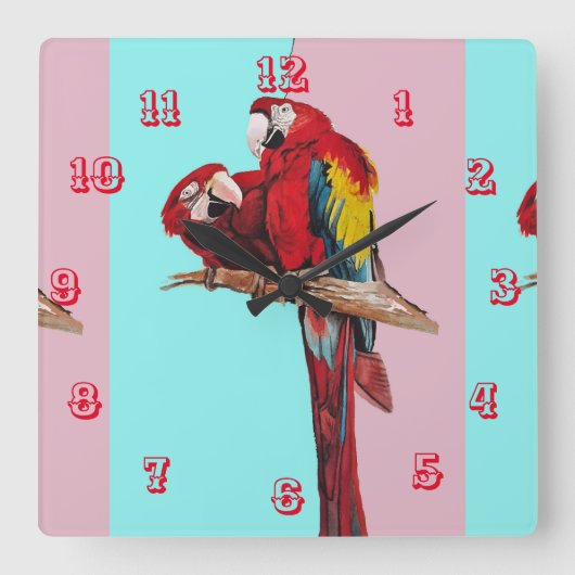 マコーウォーターカラーオウム鳥の子供の部屋時計 スクエア壁時計 (正面)
