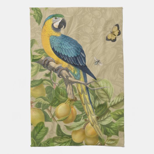 マコーブルーイエロートロピカルジャングルアンティーク キッチンタオル (縦)