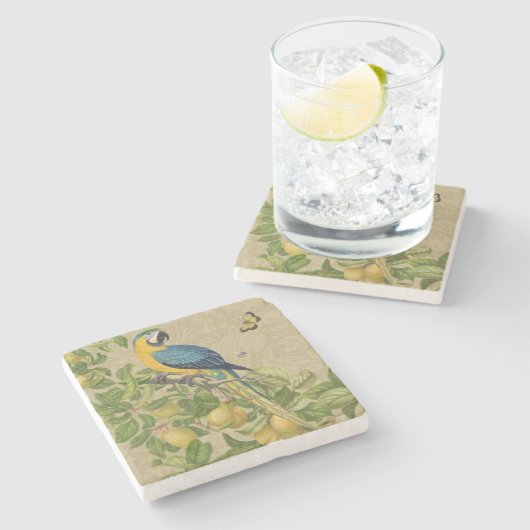 マコーブルーイエロートロピカルジャングルアンティーク ストーンコースター (横)