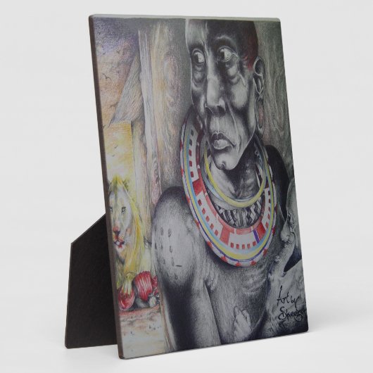 マサイの母と子とライオンのアートプリント/グラフィック フォトプラーク (側面)