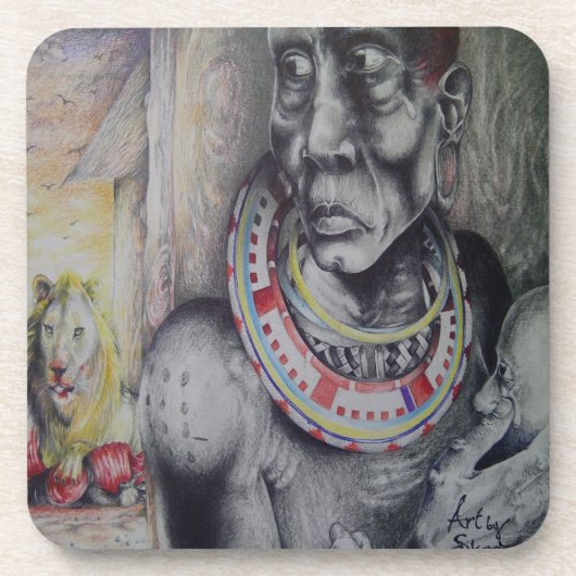 マサイの母と子とライオンのアートプリント/グラフイ コースター (正面)