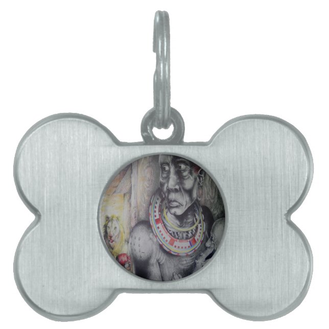 マサイの母と子とライオンのアートプリント/グラフイ ペットネームタグ (正面)