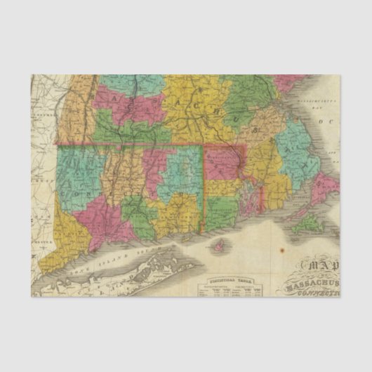 マサチューセッツおよびコネチカットの地図 薄葉紙 (正面)