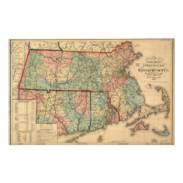 マサチューセッツ州の鉄道道路と郷の地図, 1879 フォトプリント