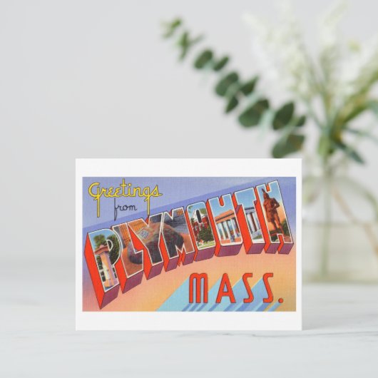 マサチューセッツ州プリマスからのヴィンテージの挨拶 ポストカード (スタンド正面)