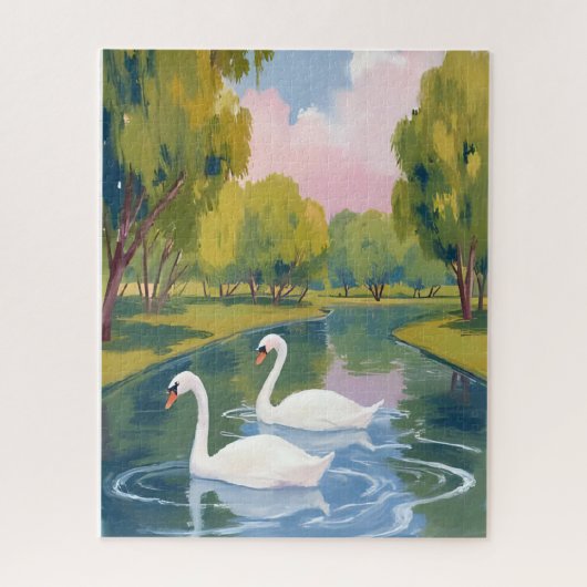 マサチューセッツ州ボストンコモンの白鳥の池の水彩画 ジグソーパズル (縦)