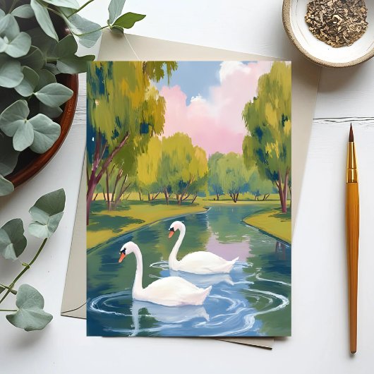 マサチューセッツ州ボストンコモンの白鳥の池の水彩画 ポストカード