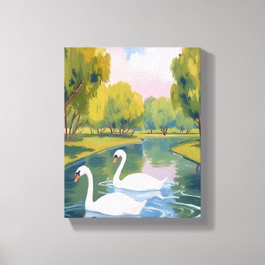 マサチューセッツ州ボストンコモンズウォーターフロントの白鳥の池の水彩画 キャンバスプリント (正面)