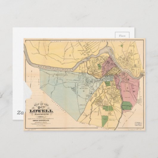 マサチューセッツ州ローエルの地図(1881) ポストカード (正面/裏面)