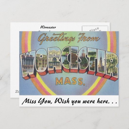 マサチューセッツ州ワーチェスターからの挨拶 ポストカード (正面/裏面)