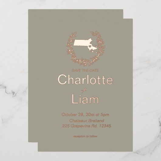 マサチューセッツ州行先結婚式 箔招待状 (正面/裏面)