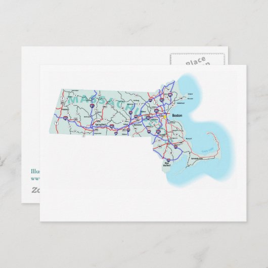 マサチューセッツ州間地図はがき ポストカード (正面/裏面)