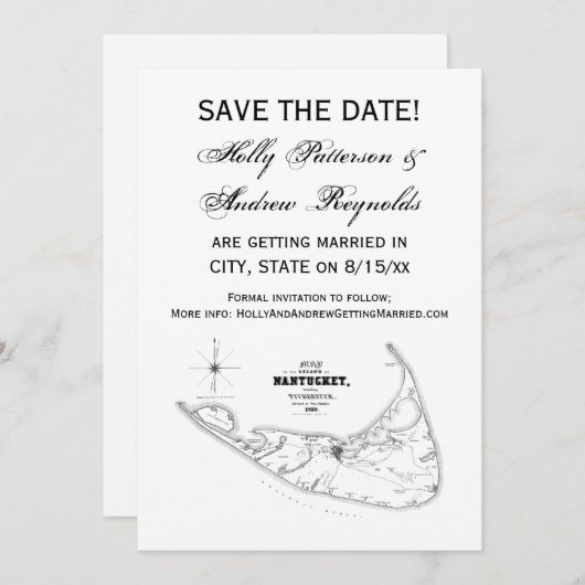 マサチューセッツ州 ナンタケット島 ヴィンテージ地図 ブラック 招待状 (正面/裏面)