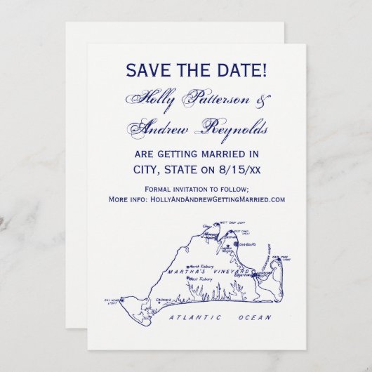 マサチューセッツ州 マーサズ・ヴィニヤード  ヴィンテージマップ #1 ネイビーブルー 招待状 (正面/裏面)