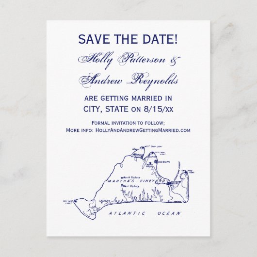 マサチューセッツ州 マーサズ・ヴィニヤード  ヴィンテージマップ #1 ネイビーブルー 案内ポストカード (正面)