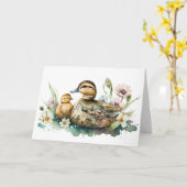 マザーアヒルとアヒルの水色 カード (黄色い花)