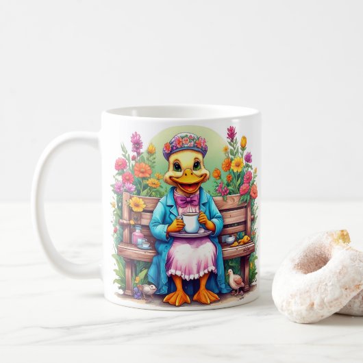 マザーアヒル飲みコーヒー引用文カラフル花 コーヒーマグカップ (ドーナツ)