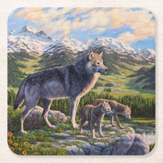 マザーウルフ&パップスマウンテンリバーバレー スクエアペーパーコースター (正面)