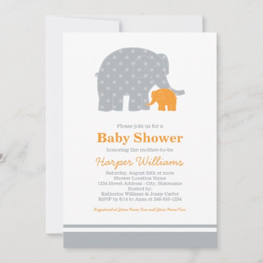 マザーエレファントオレンジ色のグレーのドット赤ちゃんシャワー 招待状 (正面)